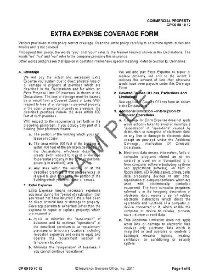 What does the extra expense coverage form cover?